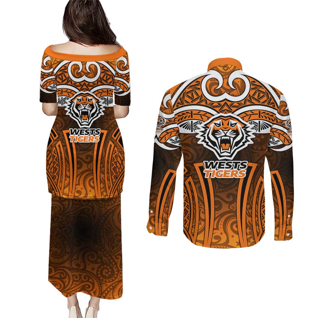 Wests Tigers Rugby Couples Matching Puletasi and Long Sleeve Button Shirt Polynesian Tribal Tiger Warrior Orange Black Pattern