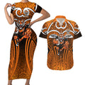 Wests Tigers Rugby Couples Matching Short Sleeve Bodycon Dress and Hawaiian Shirt Polynesian Tribal Tiger Warrior Orange Black Pattern