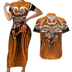Wests Tigers Rugby Couples Matching Short Sleeve Bodycon Dress and Hawaiian Shirt Polynesian Tribal Tiger Warrior Orange Black Pattern