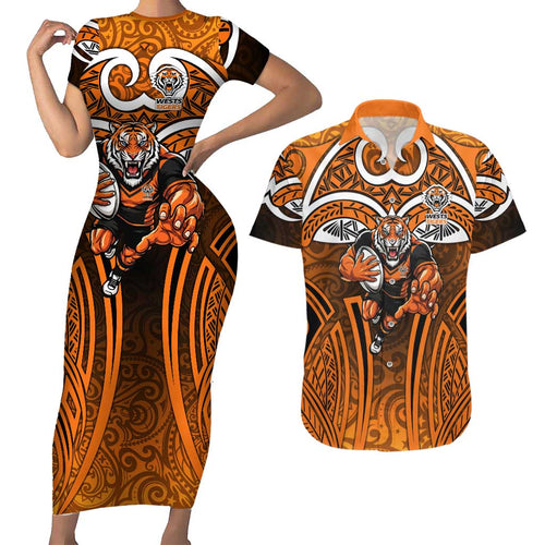 Wests Tigers Rugby Couples Matching Short Sleeve Bodycon Dress and Hawaiian Shirt Polynesian Tribal Tiger Warrior Orange Black Pattern