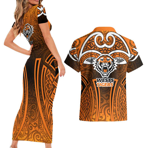 Wests Tigers Rugby Couples Matching Short Sleeve Bodycon Dress and Hawaiian Shirt Polynesian Tribal Tiger Warrior Orange Black Pattern