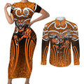 Wests Tigers Rugby Couples Matching Short Sleeve Bodycon Dress and Long Sleeve Button Shirt Polynesian Tribal Tiger Warrior Orange Black Pattern