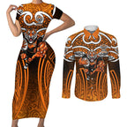Wests Tigers Rugby Couples Matching Short Sleeve Bodycon Dress and Long Sleeve Button Shirt Polynesian Tribal Tiger Warrior Orange Black Pattern