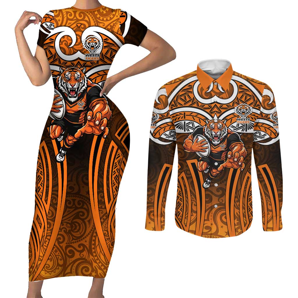 Wests Tigers Rugby Couples Matching Short Sleeve Bodycon Dress and Long Sleeve Button Shirt Polynesian Tribal Tiger Warrior Orange Black Pattern