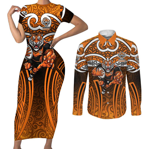 Wests Tigers Rugby Couples Matching Short Sleeve Bodycon Dress and Long Sleeve Button Shirt Polynesian Tribal Tiger Warrior Orange Black Pattern