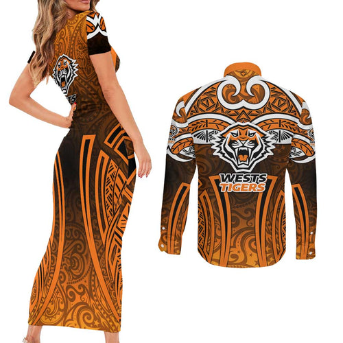 Wests Tigers Rugby Couples Matching Short Sleeve Bodycon Dress and Long Sleeve Button Shirt Polynesian Tribal Tiger Warrior Orange Black Pattern