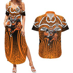 Wests Tigers Rugby Couples Matching Summer Maxi Dress and Hawaiian Shirt Polynesian Tribal Tiger Warrior Orange Black Pattern