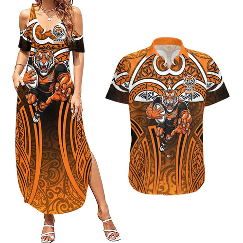 Wests Tigers Rugby Couples Matching Summer Maxi Dress and Hawaiian Shirt Polynesian Tribal Tiger Warrior Orange Black Pattern