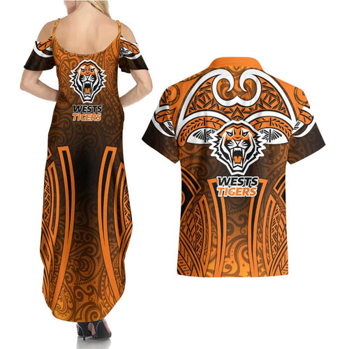 Wests Tigers Rugby Couples Matching Summer Maxi Dress and Hawaiian Shirt Polynesian Tribal Tiger Warrior Orange Black Pattern
