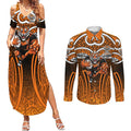 Wests Tigers Rugby Couples Matching Summer Maxi Dress and Long Sleeve Button Shirt Polynesian Tribal Tiger Warrior Orange Black Pattern