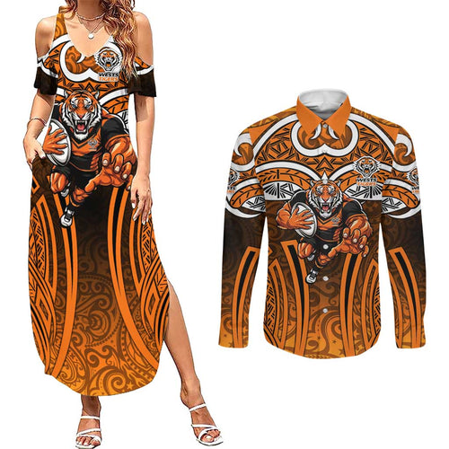 Wests Tigers Rugby Couples Matching Summer Maxi Dress and Long Sleeve Button Shirt Polynesian Tribal Tiger Warrior Orange Black Pattern