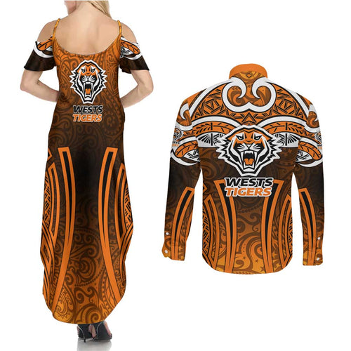 Wests Tigers Rugby Couples Matching Summer Maxi Dress and Long Sleeve Button Shirt Polynesian Tribal Tiger Warrior Orange Black Pattern