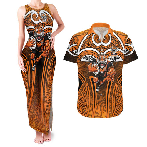Wests Tigers Rugby Couples Matching Tank Maxi Dress and Hawaiian Shirt Polynesian Tribal Tiger Warrior Orange Black Pattern