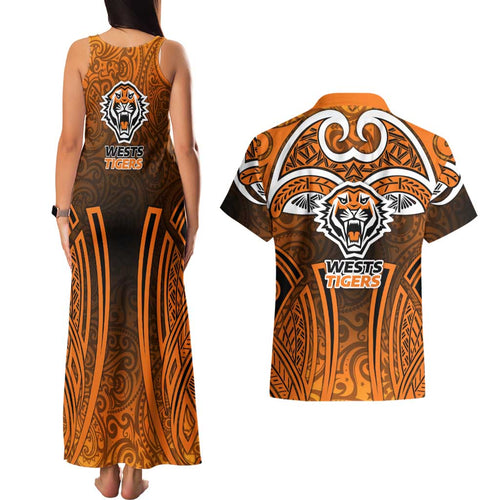 Wests Tigers Rugby Couples Matching Tank Maxi Dress and Hawaiian Shirt Polynesian Tribal Tiger Warrior Orange Black Pattern