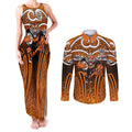 Wests Tigers Rugby Couples Matching Tank Maxi Dress and Long Sleeve Button Shirt Polynesian Tribal Tiger Warrior Orange Black Pattern