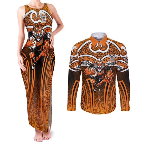 Wests Tigers Rugby Couples Matching Tank Maxi Dress and Long Sleeve Button Shirt Polynesian Tribal Tiger Warrior Orange Black Pattern