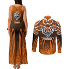 Wests Tigers Rugby Couples Matching Tank Maxi Dress and Long Sleeve Button Shirt Polynesian Tribal Tiger Warrior Orange Black Pattern