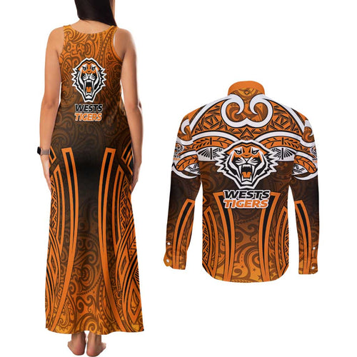 Wests Tigers Rugby Couples Matching Tank Maxi Dress and Long Sleeve Button Shirt Polynesian Tribal Tiger Warrior Orange Black Pattern