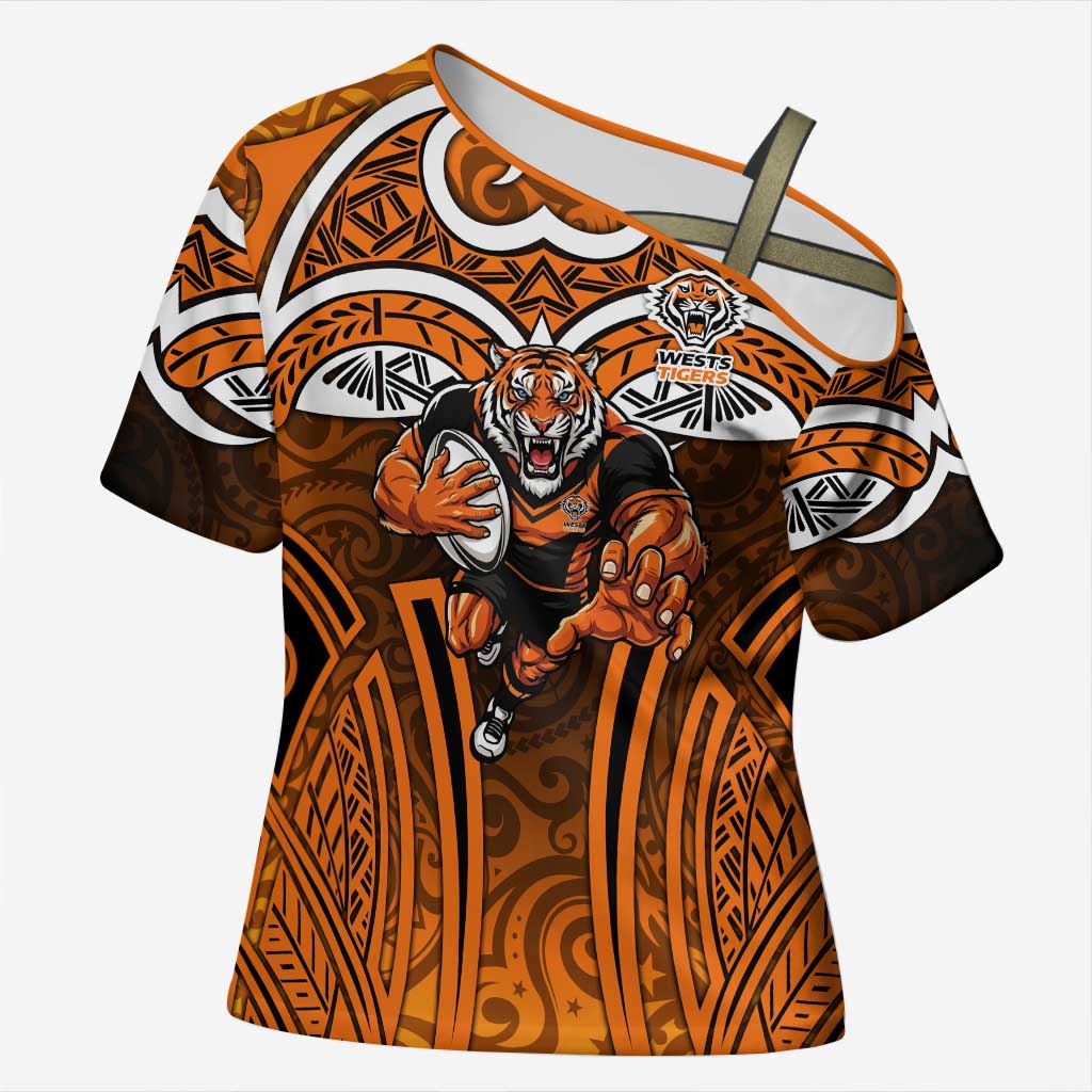 Wests Tigers Rugby Cross Shoulder Shirt Polynesian Tribal Tiger Warrior Orange Black Pattern