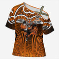 Wests Tigers Rugby Cross Shoulder Shirt Polynesian Tribal Tiger Warrior Orange Black Pattern