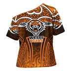 Wests Tigers Rugby Cross Shoulder Shirt Polynesian Tribal Tiger Warrior Orange Black Pattern