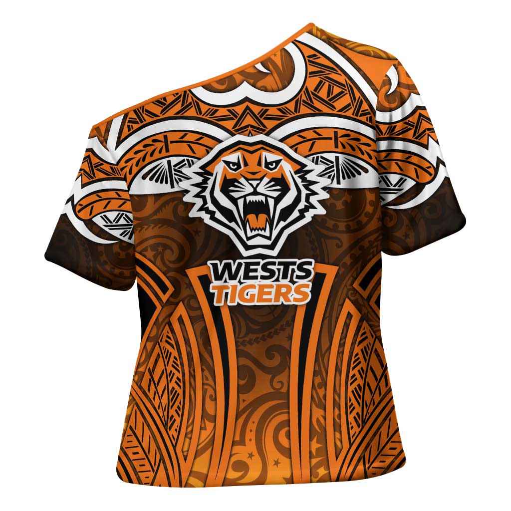 Wests Tigers Rugby Cross Shoulder Shirt Polynesian Tribal Tiger Warrior Orange Black Pattern