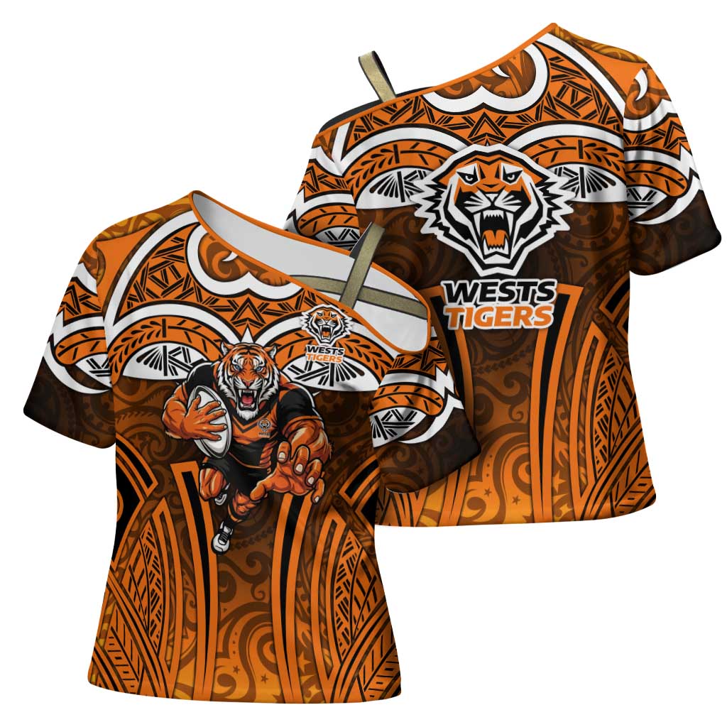 Wests Tigers Rugby Cross Shoulder Shirt Polynesian Tribal Tiger Warrior Orange Black Pattern