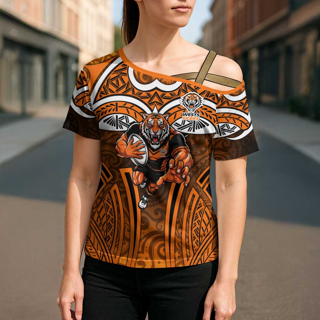 Wests Tigers Rugby Cross Shoulder Shirt Polynesian Tribal Tiger Warrior Orange Black Pattern