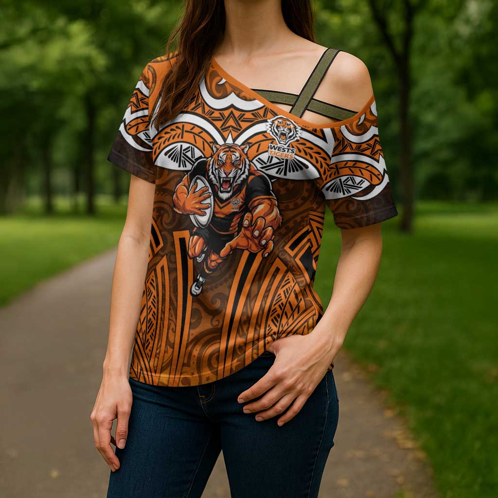 Wests Tigers Rugby Cross Shoulder Shirt Polynesian Tribal Tiger Warrior Orange Black Pattern