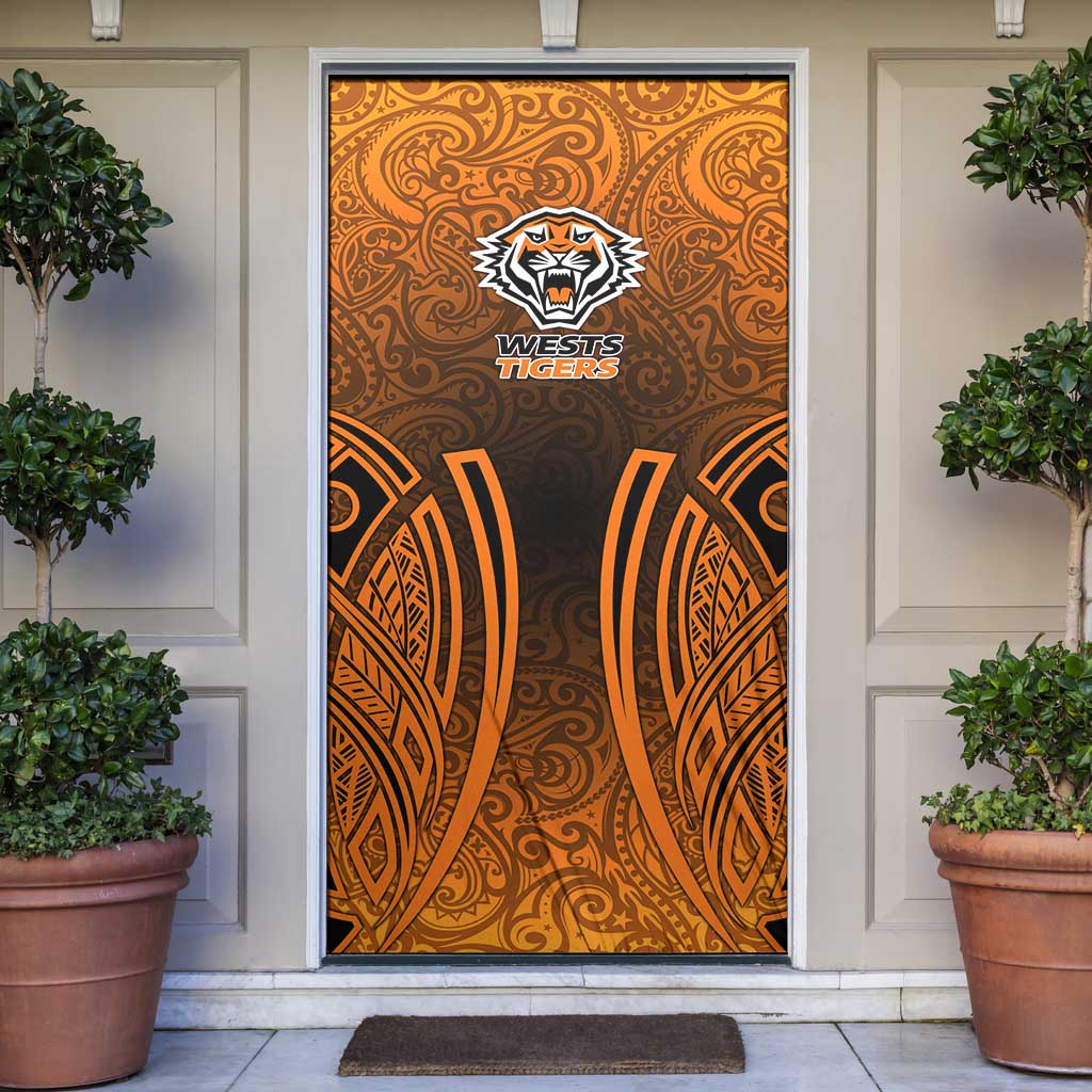 Wests Tigers Rugby Door Cover Polynesian Tribal Tiger Warrior Orange Black Pattern