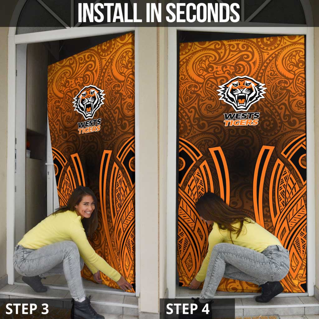 Wests Tigers Rugby Door Cover Polynesian Tribal Tiger Warrior Orange Black Pattern
