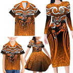 Wests Tigers Rugby Family Matching Long Sleeve Bodycon Dress and Hawaiian Shirt Polynesian Tribal Tiger Warrior Orange Black Pattern