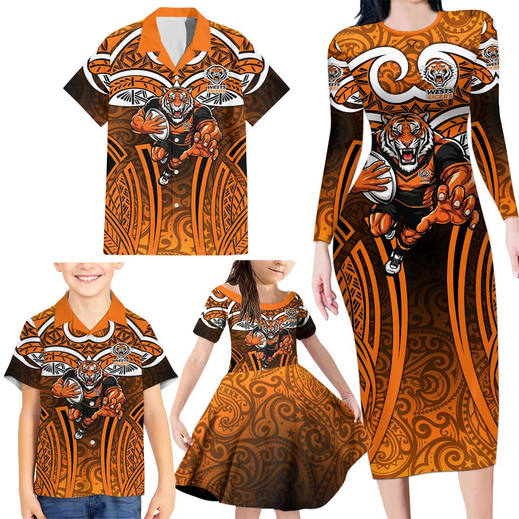 Wests Tigers Rugby Family Matching Long Sleeve Bodycon Dress and Hawaiian Shirt Polynesian Tribal Tiger Warrior Orange Black Pattern