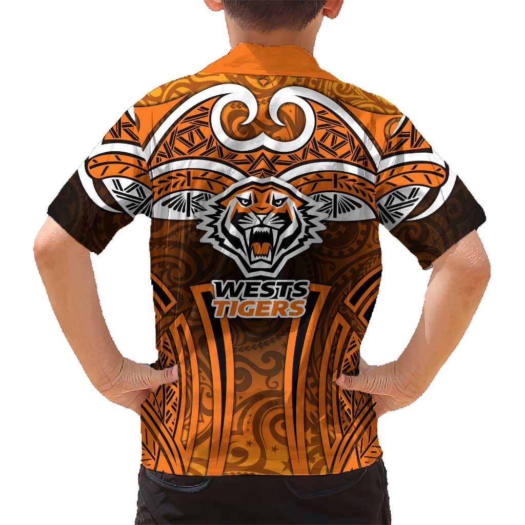 Wests Tigers Rugby Family Matching Long Sleeve Bodycon Dress and Hawaiian Shirt Polynesian Tribal Tiger Warrior Orange Black Pattern