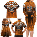 Wests Tigers Rugby Family Matching Long Sleeve Bodycon Dress and Hawaiian Shirt Polynesian Tribal Tiger Warrior Orange Black Pattern