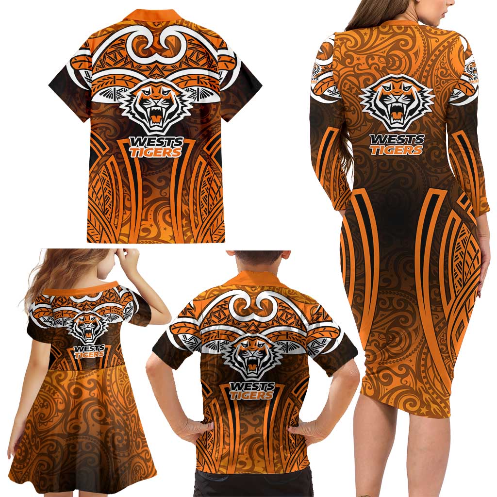 Wests Tigers Rugby Family Matching Long Sleeve Bodycon Dress and Hawaiian Shirt Polynesian Tribal Tiger Warrior Orange Black Pattern