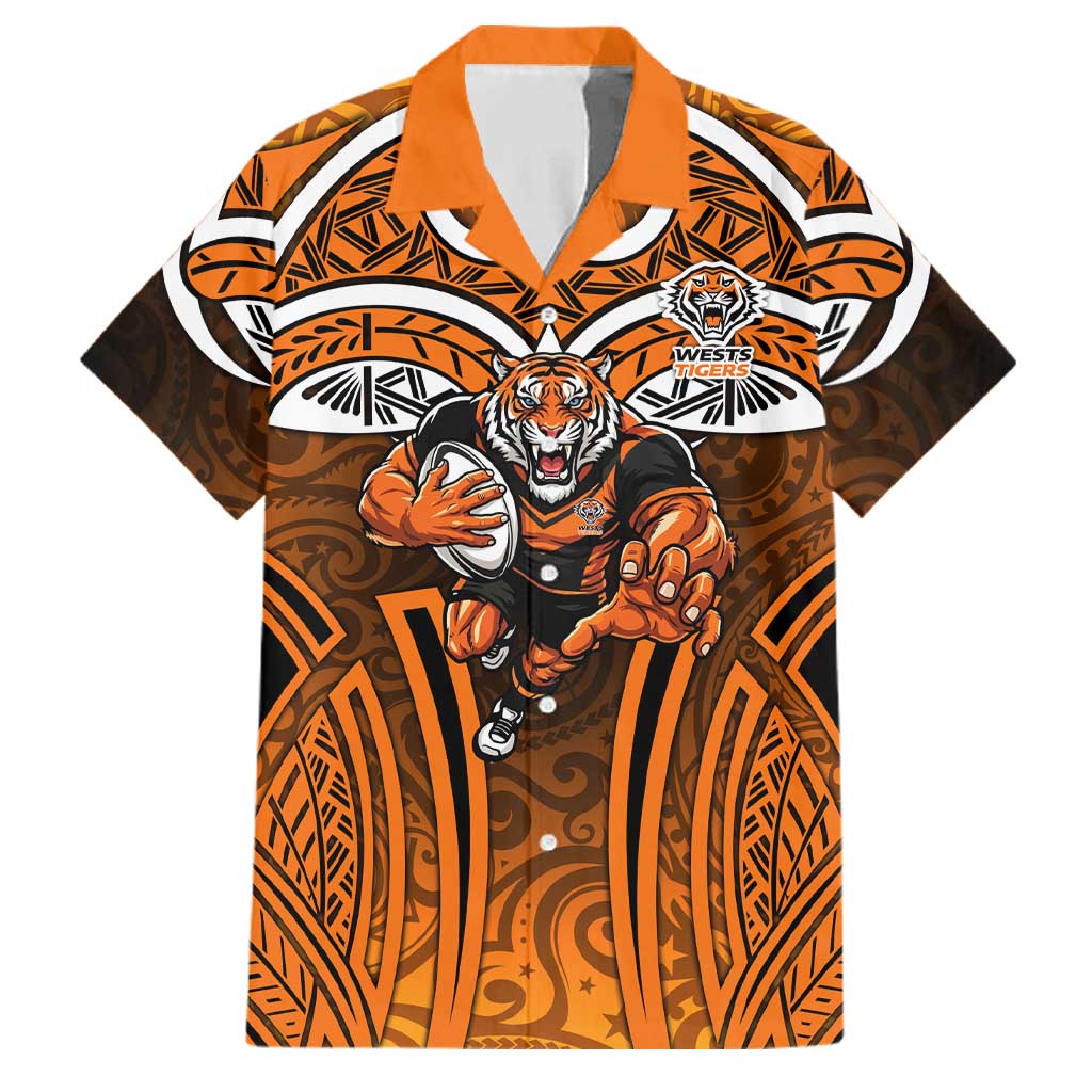 Wests Tigers Rugby Family Matching Long Sleeve Bodycon Dress and Hawaiian Shirt Polynesian Tribal Tiger Warrior Orange Black Pattern