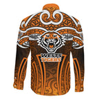 Wests Tigers Rugby Family Matching Long Sleeve Bodycon Dress and Hawaiian Shirt Polynesian Tribal Tiger Warrior Orange Black Pattern
