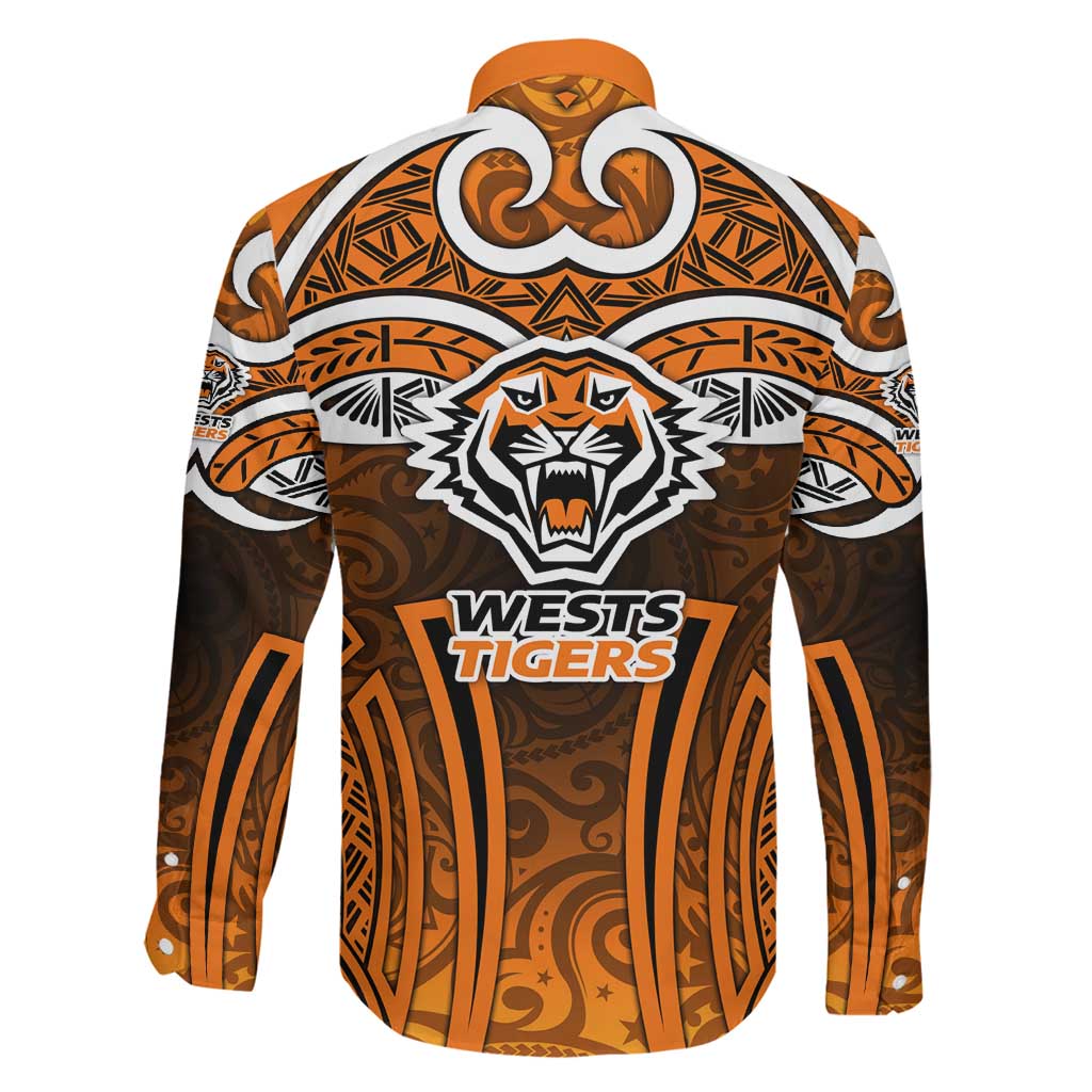 Wests Tigers Rugby Family Matching Long Sleeve Bodycon Dress and Hawaiian Shirt Polynesian Tribal Tiger Warrior Orange Black Pattern