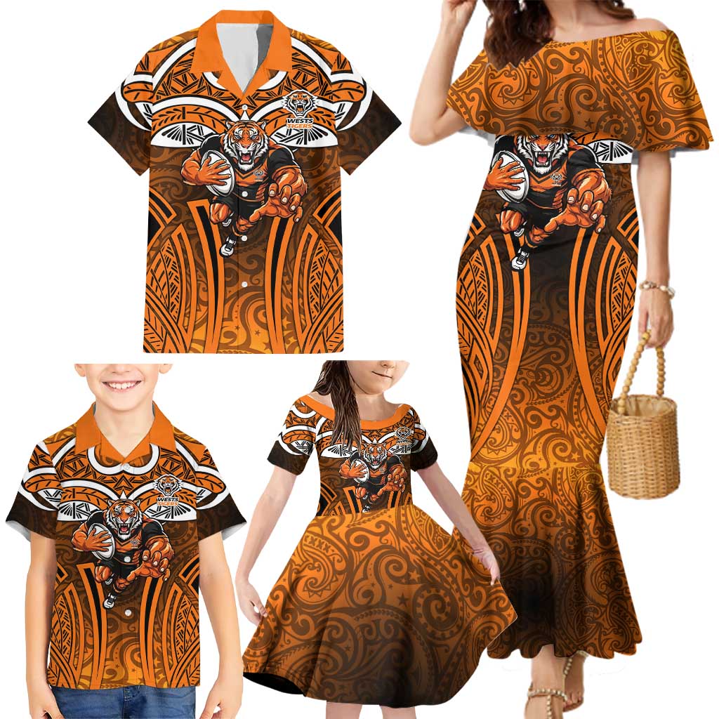 Wests Tigers Rugby Family Matching Mermaid Dress and Hawaiian Shirt Polynesian Tribal Tiger Warrior Orange Black Pattern