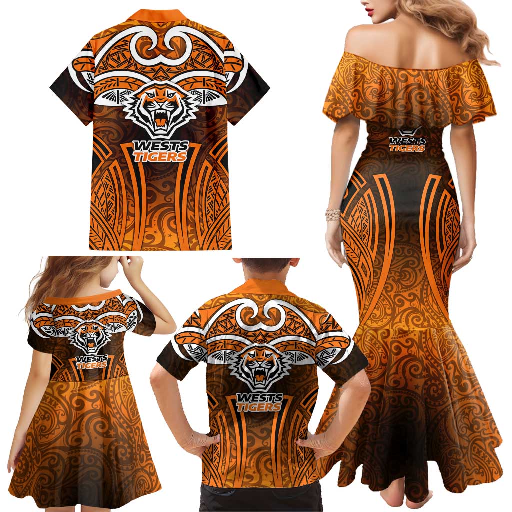 Wests Tigers Rugby Family Matching Mermaid Dress and Hawaiian Shirt Polynesian Tribal Tiger Warrior Orange Black Pattern