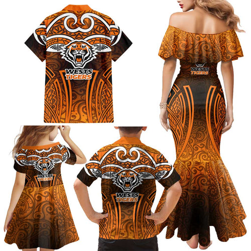Wests Tigers Rugby Family Matching Mermaid Dress and Hawaiian Shirt Polynesian Tribal Tiger Warrior Orange Black Pattern