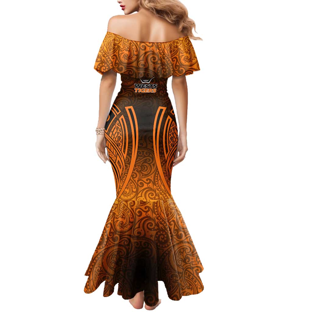 Wests Tigers Rugby Family Matching Mermaid Dress and Hawaiian Shirt Polynesian Tribal Tiger Warrior Orange Black Pattern