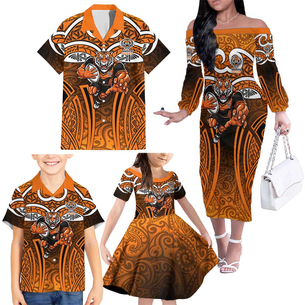 Wests Tigers Rugby Family Matching Off The Shoulder Long Sleeve Dress and Hawaiian Shirt Polynesian Tribal Tiger Warrior Orange Black Pattern