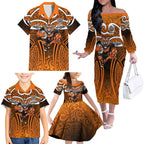 Wests Tigers Rugby Family Matching Off The Shoulder Long Sleeve Dress and Hawaiian Shirt Polynesian Tribal Tiger Warrior Orange Black Pattern