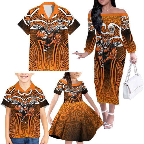 Wests Tigers Rugby Family Matching Off The Shoulder Long Sleeve Dress and Hawaiian Shirt Polynesian Tribal Tiger Warrior Orange Black Pattern