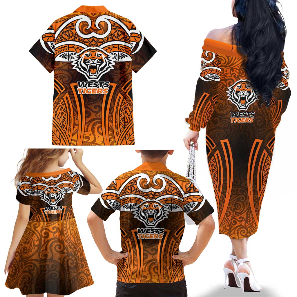 Wests Tigers Rugby Family Matching Off The Shoulder Long Sleeve Dress and Hawaiian Shirt Polynesian Tribal Tiger Warrior Orange Black Pattern