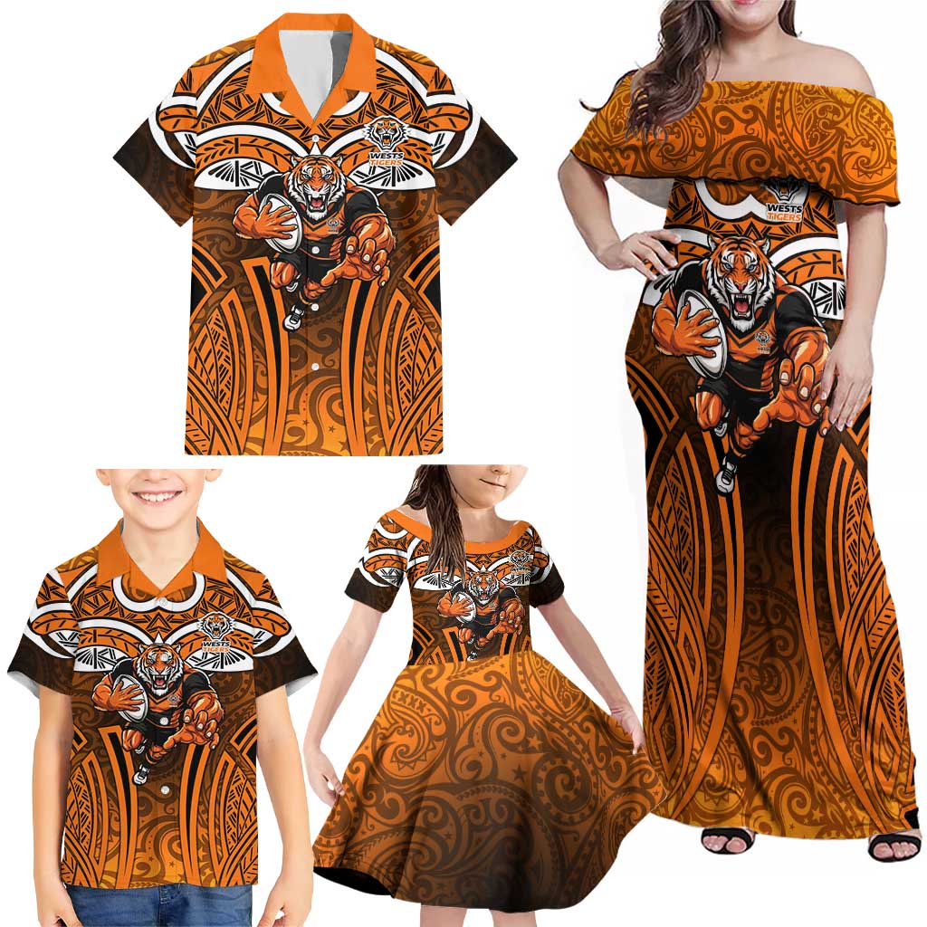 Wests Tigers Rugby Family Matching Off Shoulder Maxi Dress and Hawaiian Shirt Polynesian Tribal Tiger Warrior Orange Black Pattern