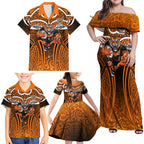 Wests Tigers Rugby Family Matching Off Shoulder Maxi Dress and Hawaiian Shirt Polynesian Tribal Tiger Warrior Orange Black Pattern