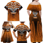 Wests Tigers Rugby Family Matching Off Shoulder Maxi Dress and Hawaiian Shirt Polynesian Tribal Tiger Warrior Orange Black Pattern